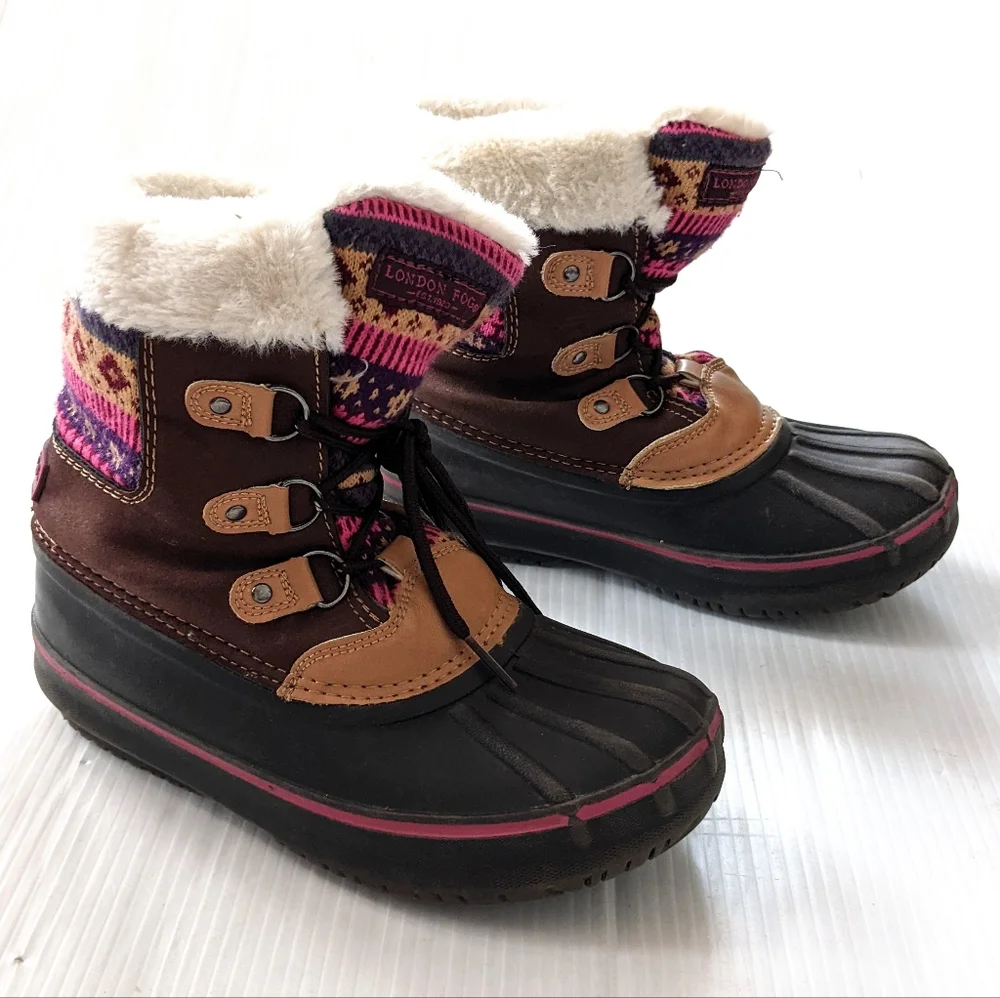 LONDON FOG Tottenham fair isle sweater knit brown suede fur lined lace-up boots